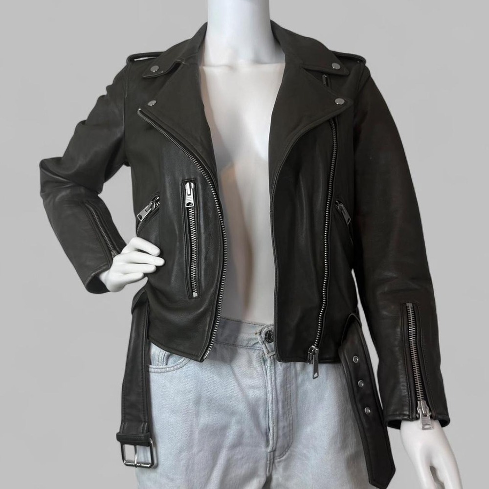 AllSaints Balfern Green Lamb Leather Biker Jacket Women's US 6 UK 10